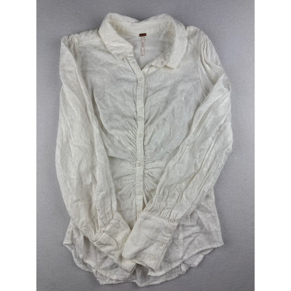 Free People Ivory Jacquard Animal Print Ruched Button Down Blouse XS